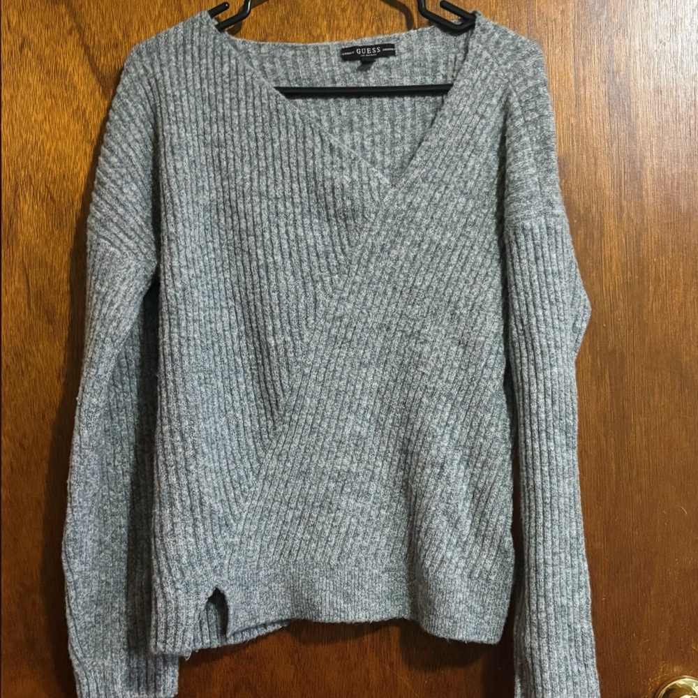 Guess • Women's Asymmetrical V-Neck Gray Sweater
